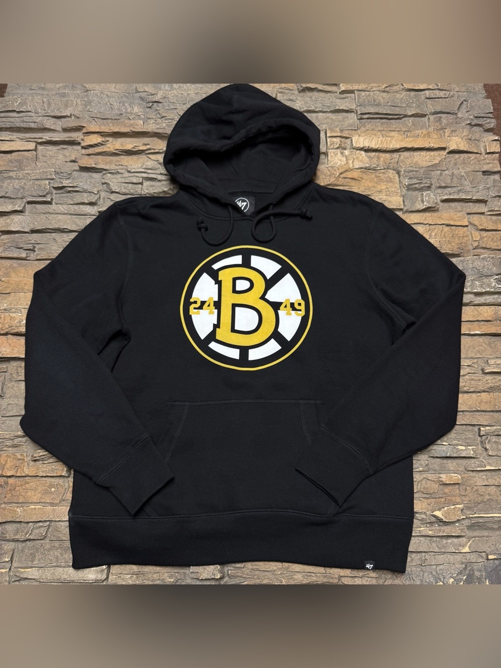 Boston Bruins Pullover Hoodie Sweatshirt Men’s Large Black NHL Hockey 47 Retro